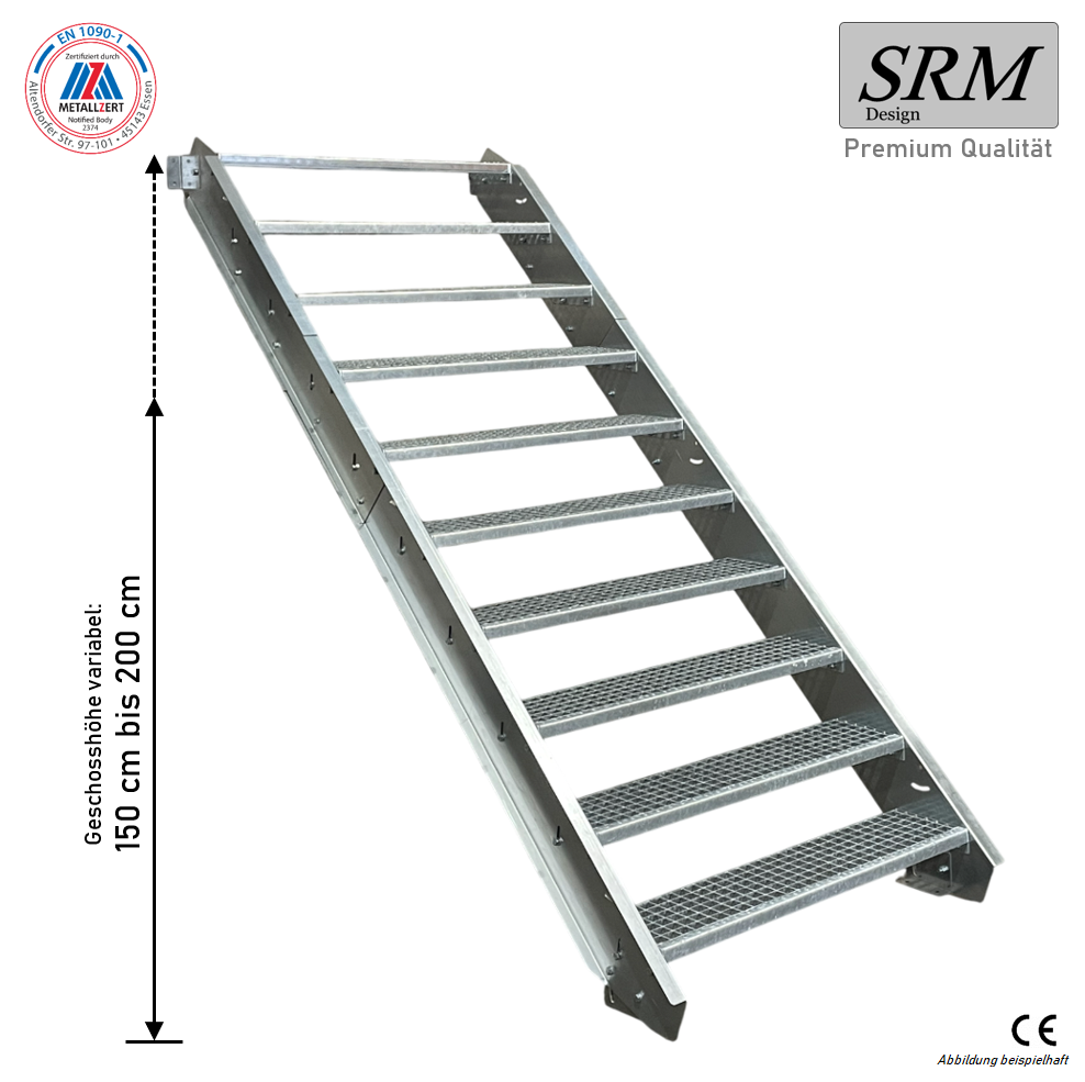 10 Stufen Stahltreppe STATIK Breite 60 - 120 cm, Geschosshöhe 150 - 200 cm